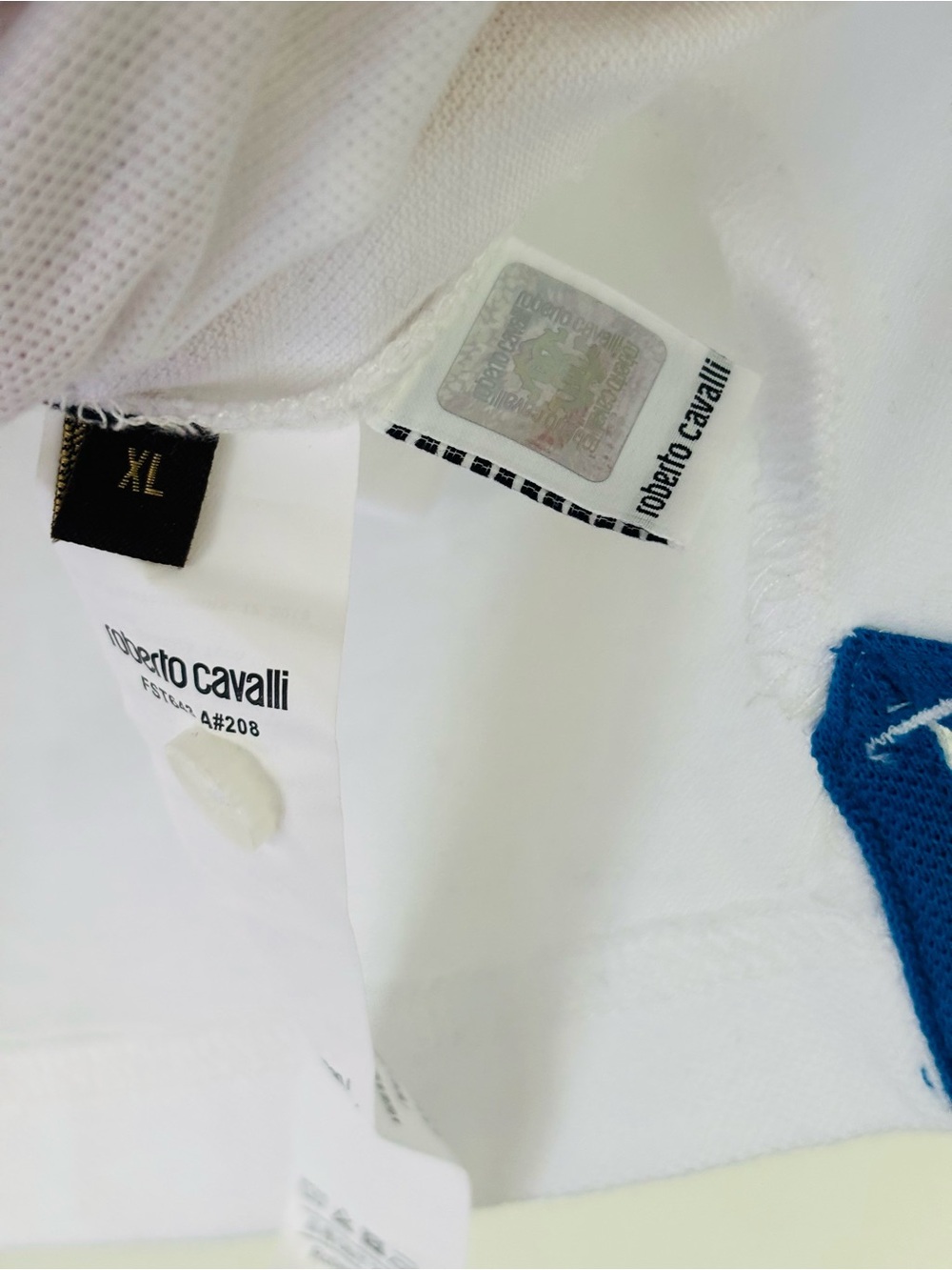 Men's Roberto Cavalli pique polo white/blue size XL - Picture 5 of 5